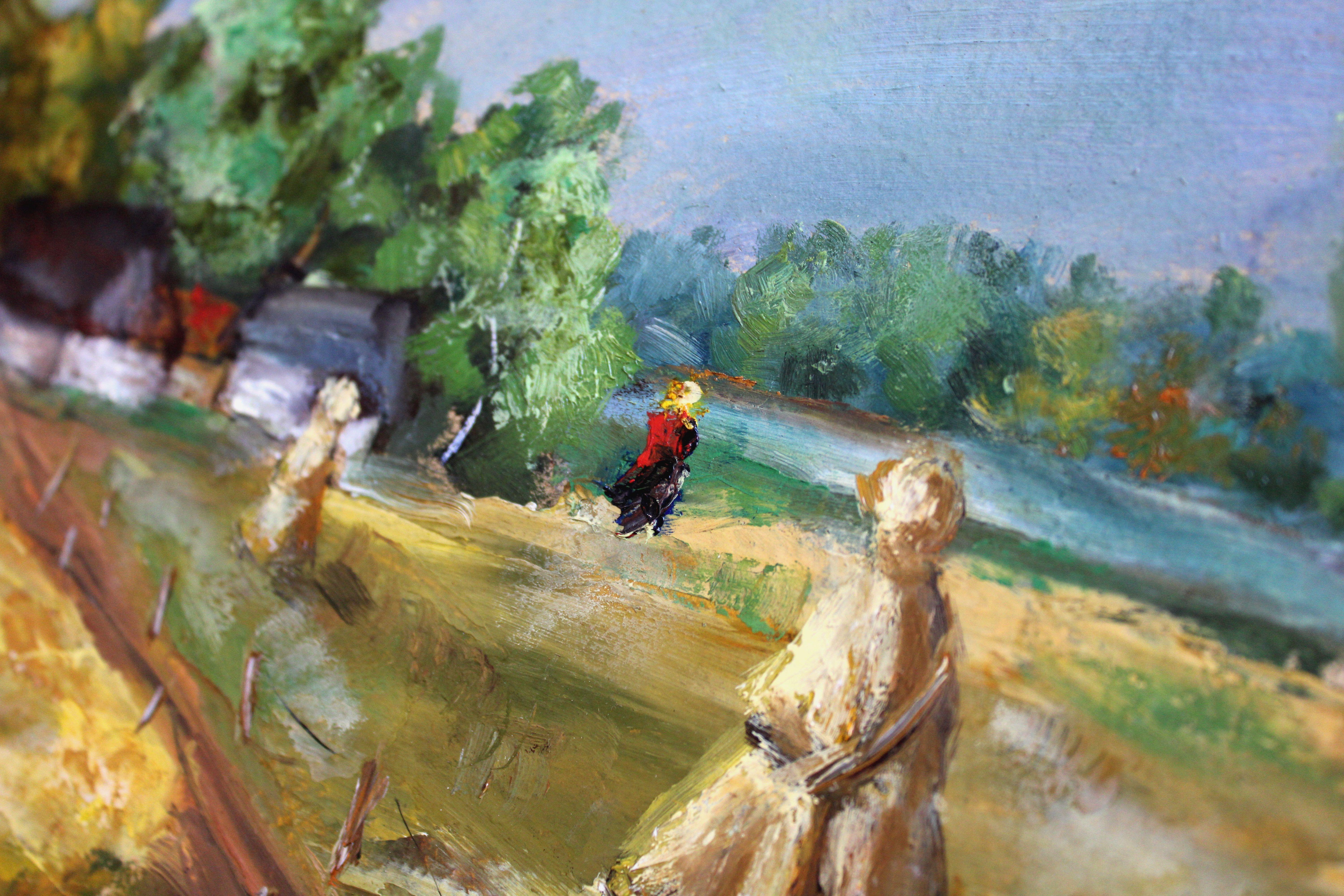 Estate durante la raccolta del fieno. Metà degli anni '40, olio su cartone, 40, 5x53cm in vendita 5