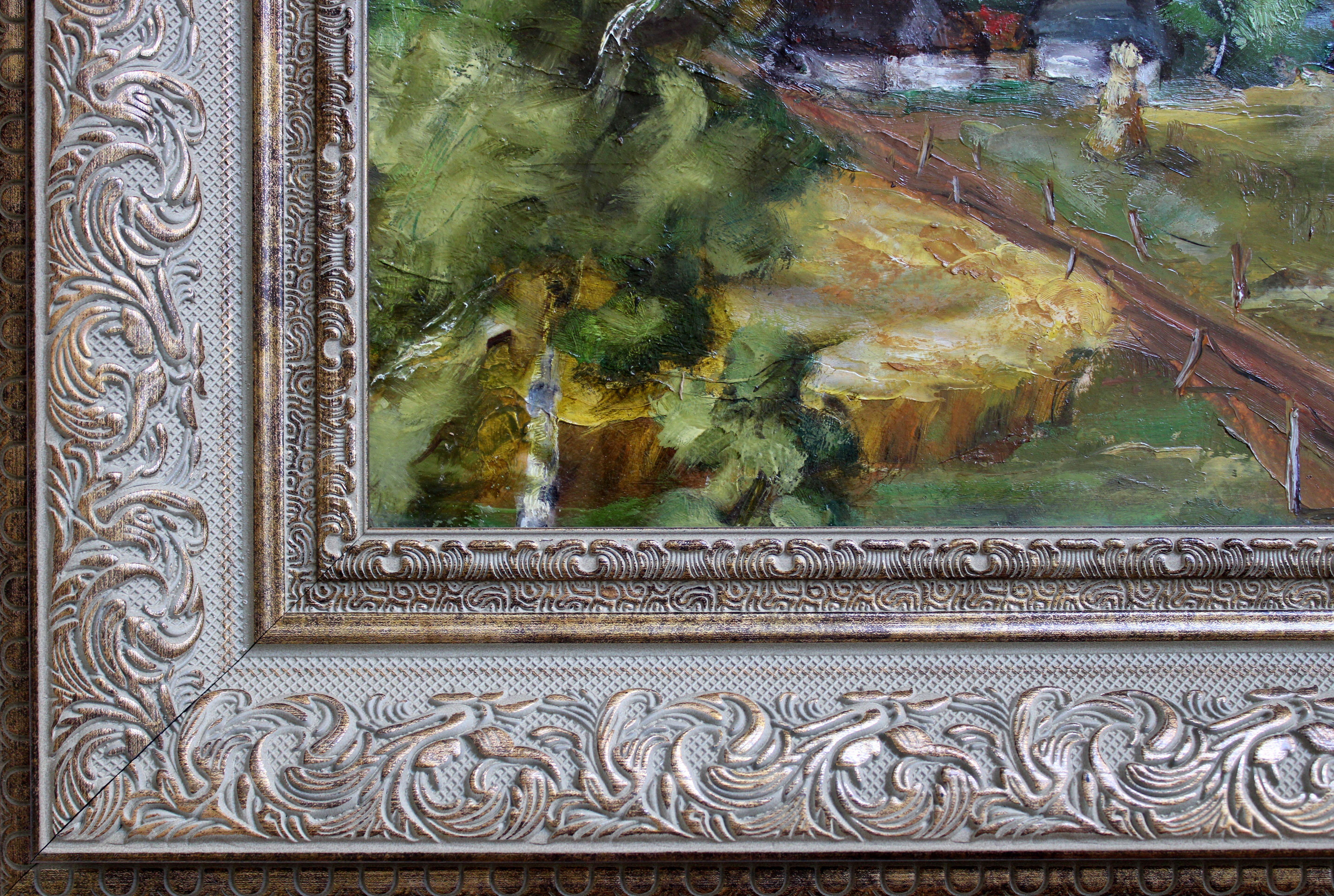 Estate durante la raccolta del fieno. Metà degli anni '40, olio su cartone, 40, 5x53cm - Painting di Harijs Veldre