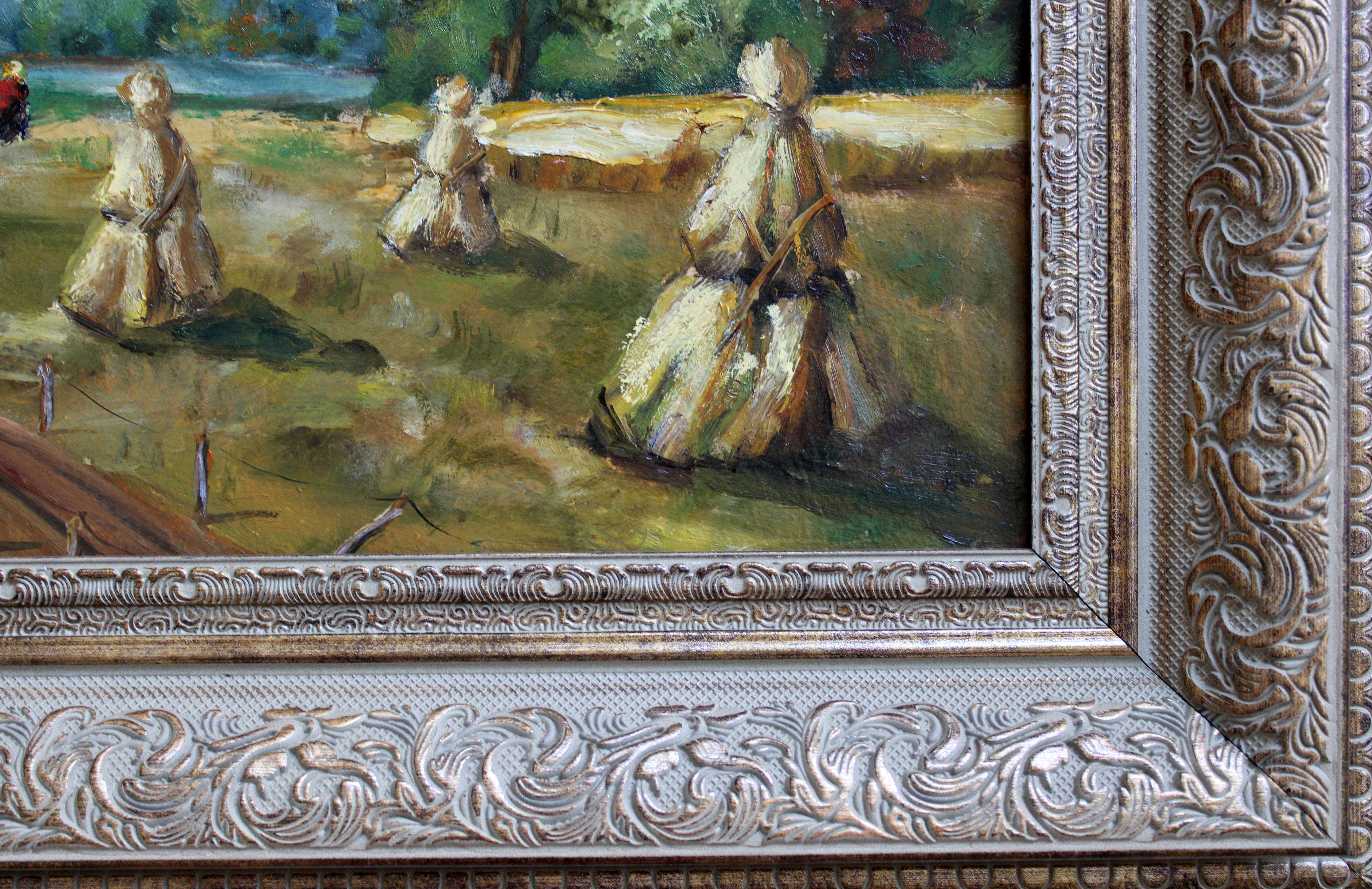 Estate durante la raccolta del fieno. Metà degli anni '40, olio su cartone, 40, 5x53cm - Painting Impressionismo di Harijs Veldre