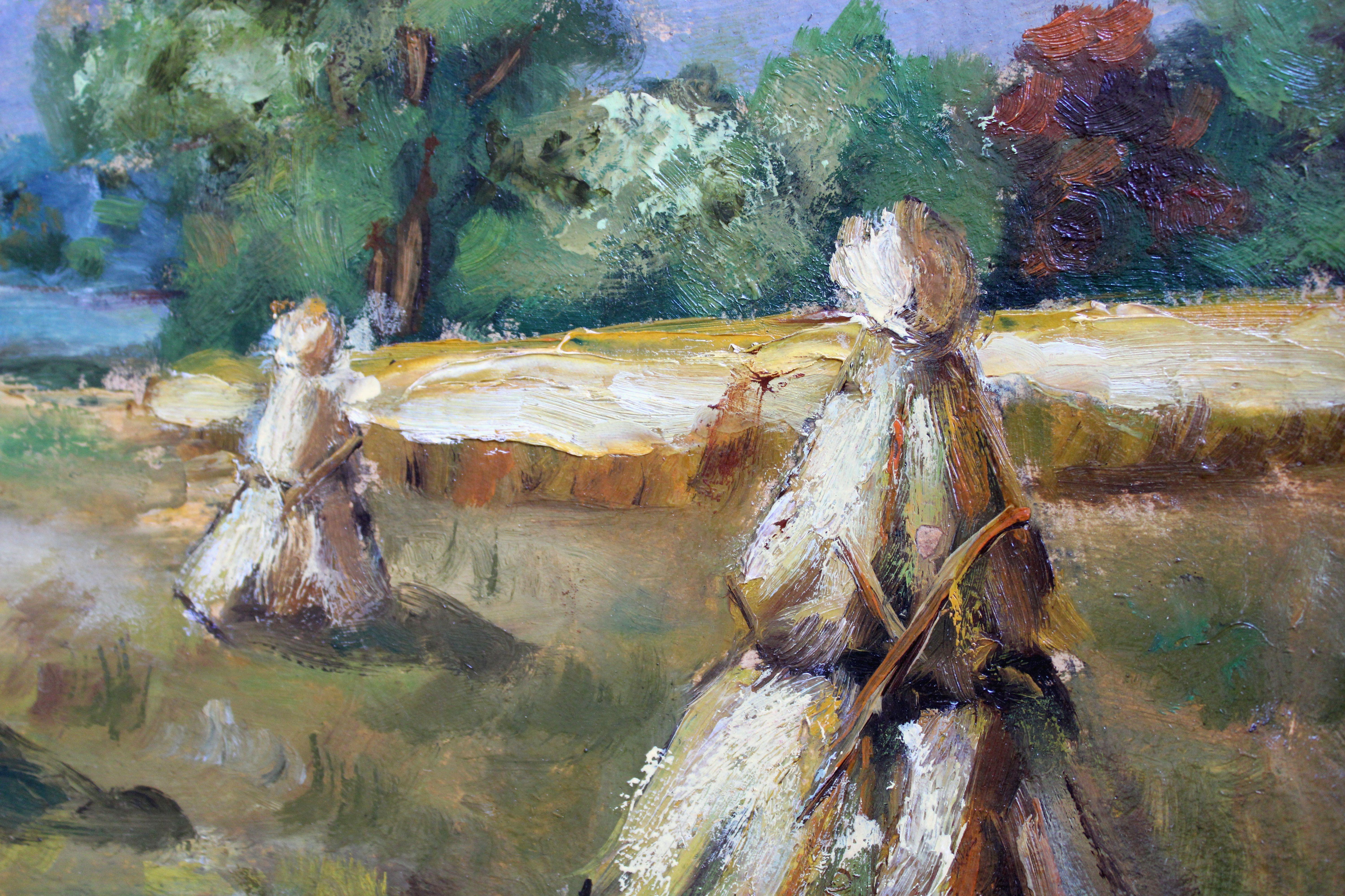 Estate durante la raccolta del fieno. Metà degli anni '40, olio su cartone, 40, 5x53cm - Landscape Painting Grigio di Harijs Veldre