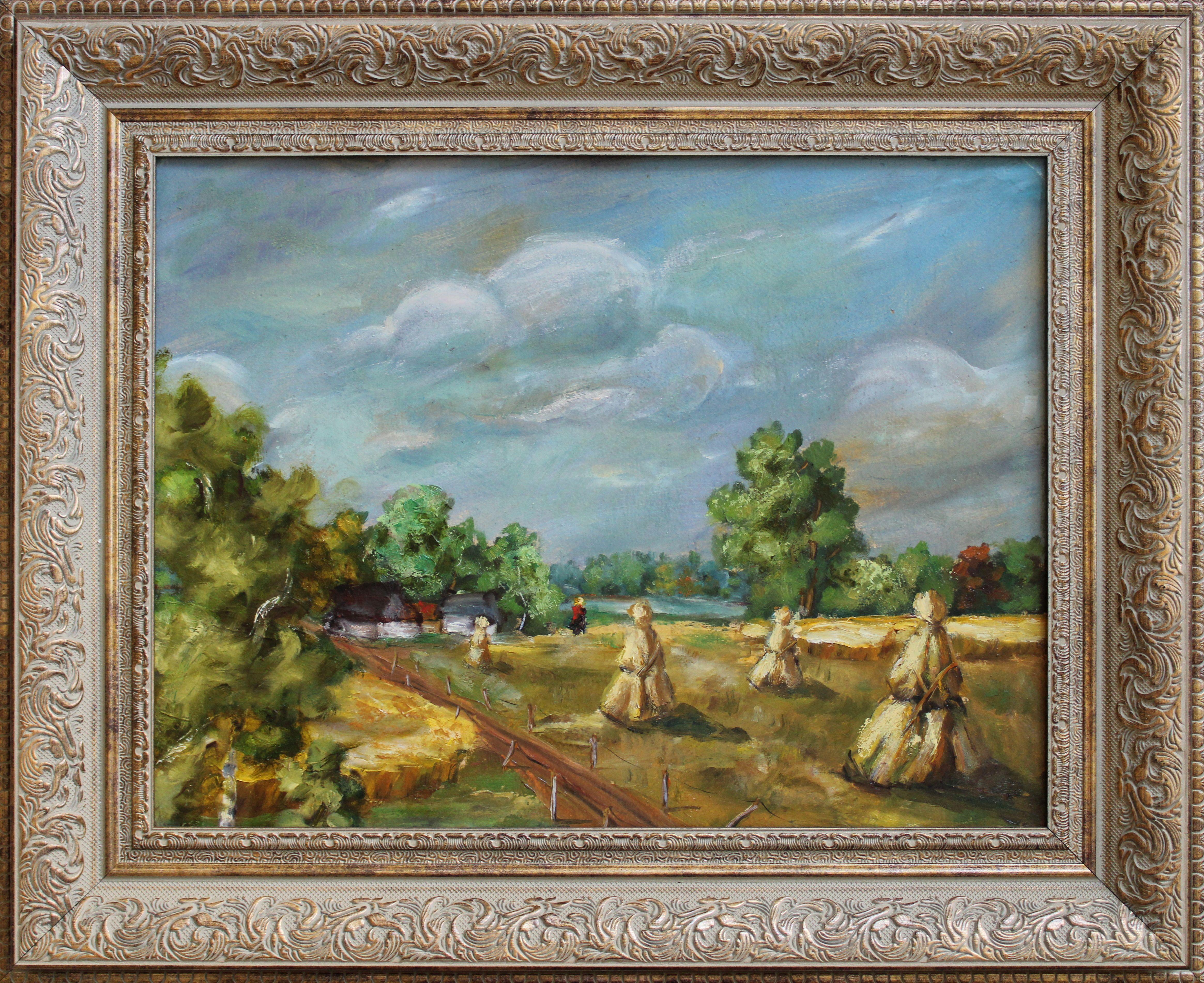 Estate durante la raccolta del fieno. Metà degli anni '40, olio su cartone, 40, 5x53cm in vendita 3