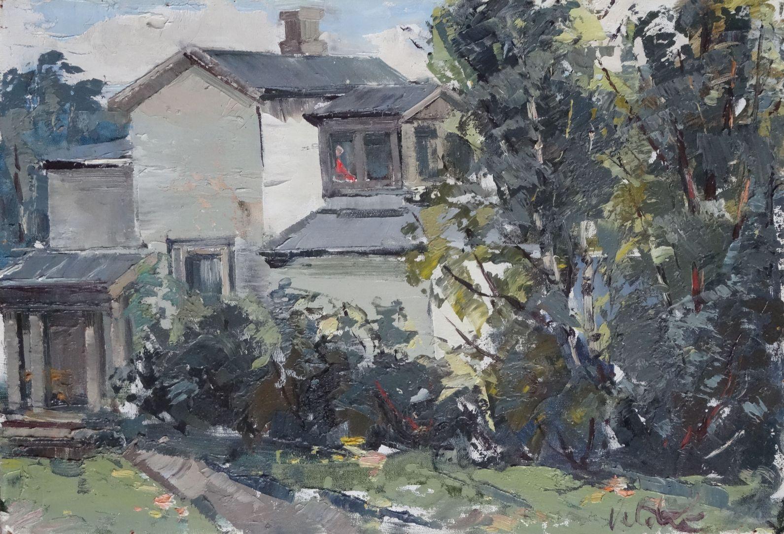 Harijs Veldre Landscape Painting - Summerhouse. Cardboard, oil, 33x48 cm