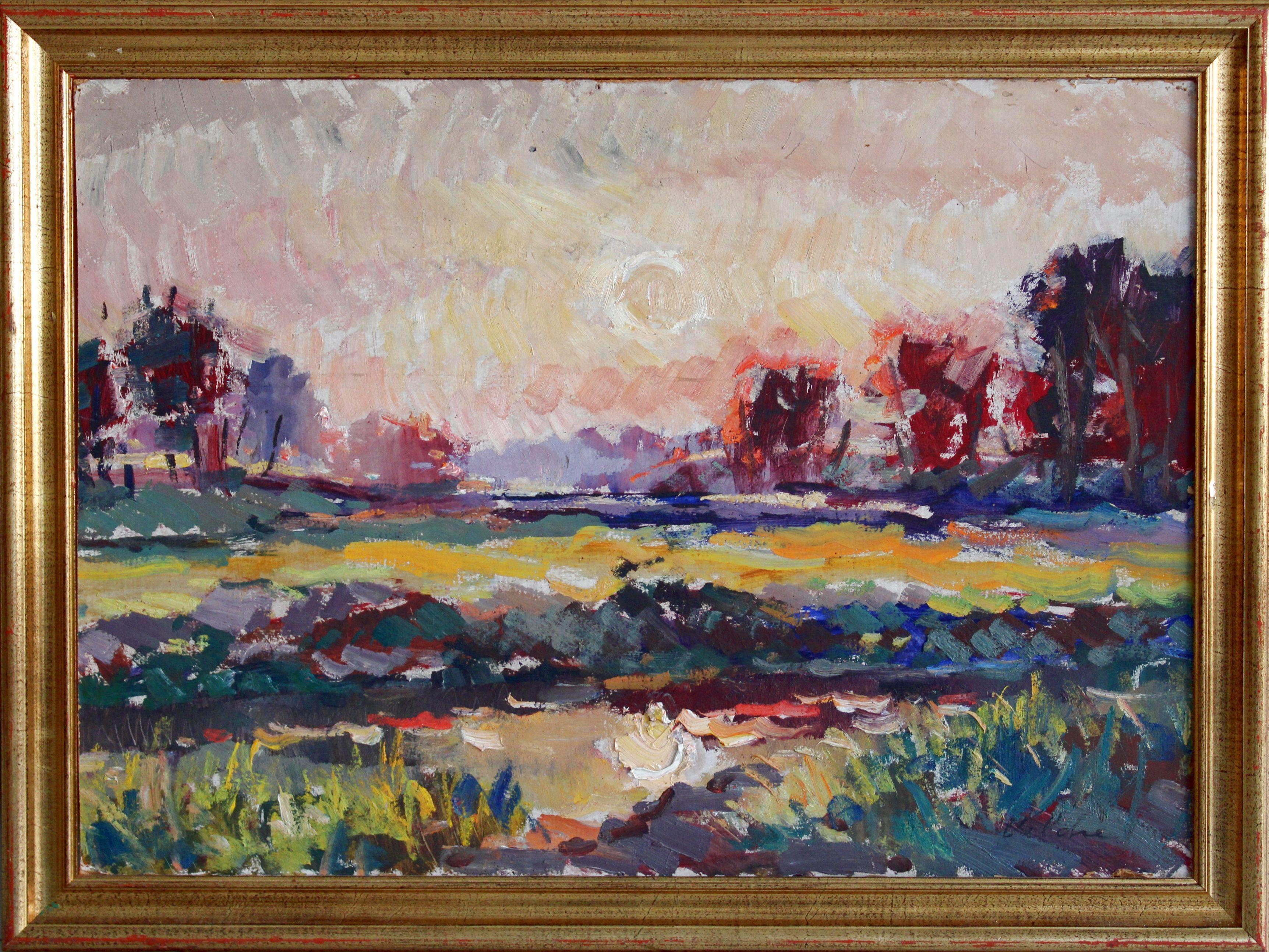 Sunset. Cardboard, oil, 50x70 cm - Impressionist Painting by Harijs Veldre
