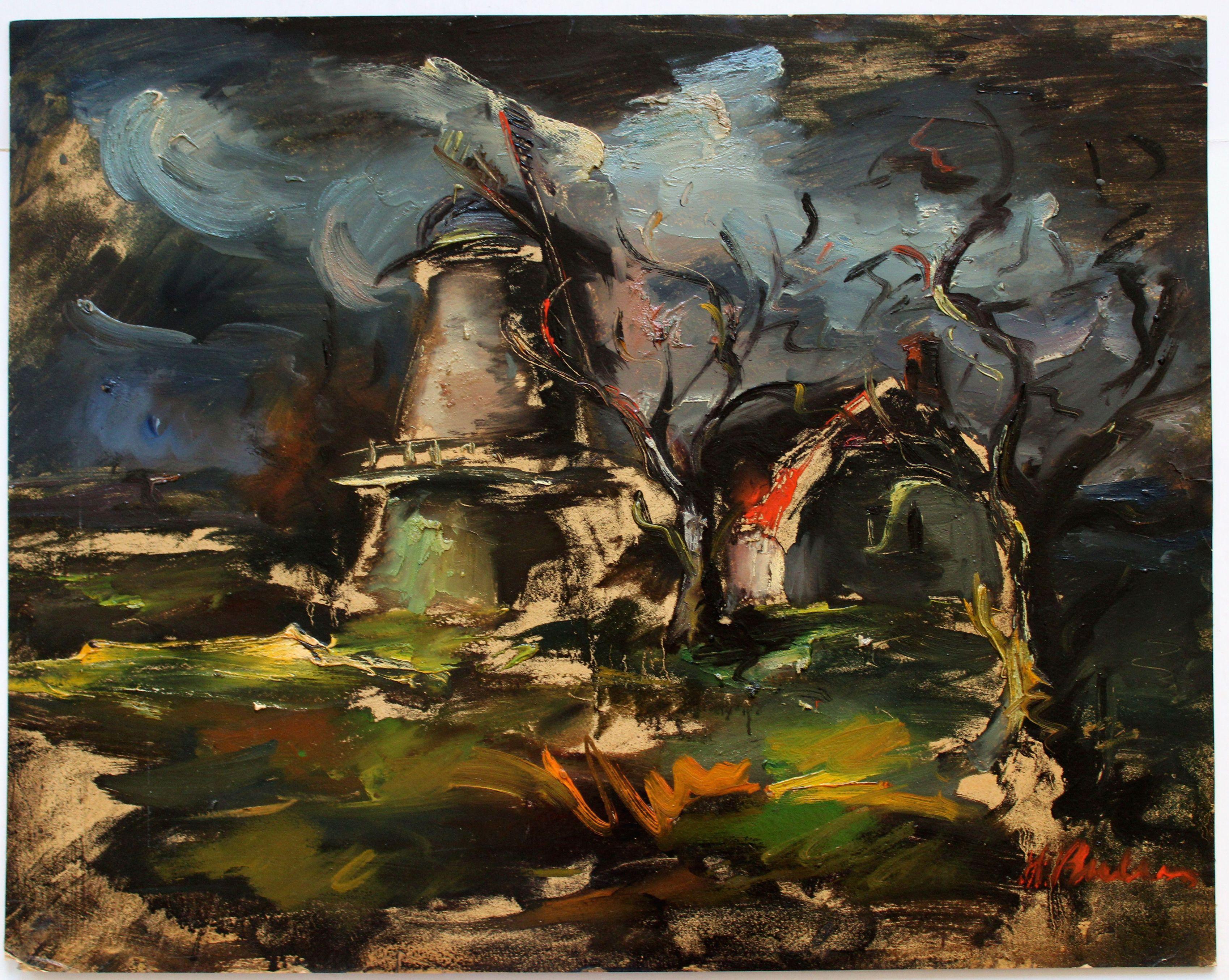 Mulino a vento. Metà degli anni '40, olio su cartone, 54x65 cm - Painting Impressionismo di Harijs Veldre