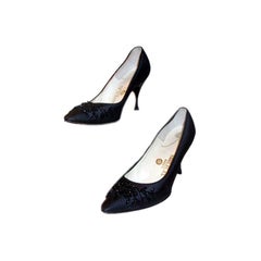 Harilela's Black Satin Beaded Pumps, Circa 1960