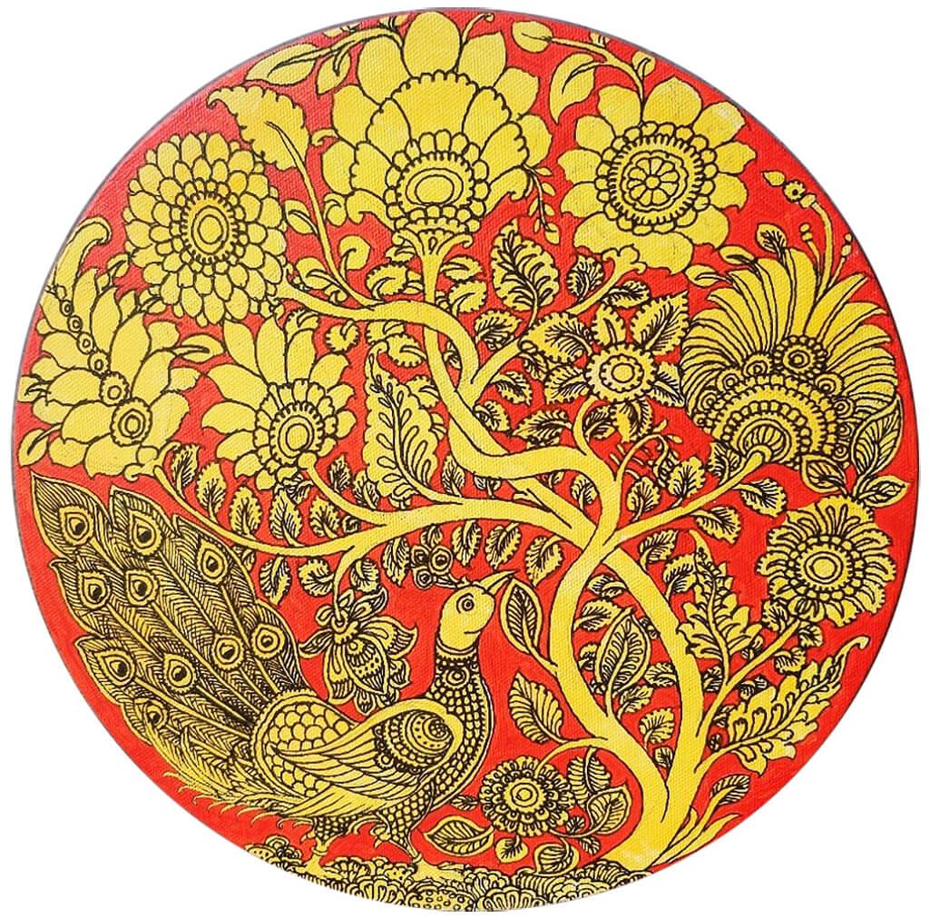 Kalamkari Design 2, Acrilico su tela di artista indiano contemporaneo "In magazzino" - Art di Harinath N