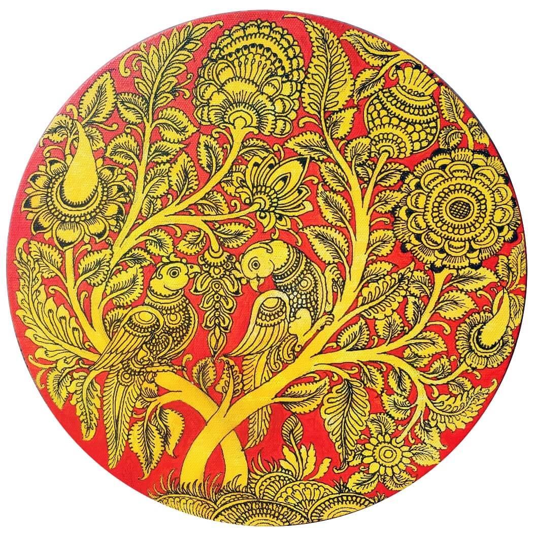 Kalamkari Design 1, acrylique sur toile d'un artiste indien contemporain, en stock