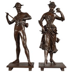"Harlequin and Colombine" Bronze Sculptures by P. Dubois, France, Circa 1880