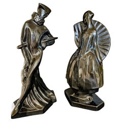 Seltenes Paar Art-Déco-Skulpturen in Schwarz mit Harlekin und Columbine von Genvane, Seltenes Paar