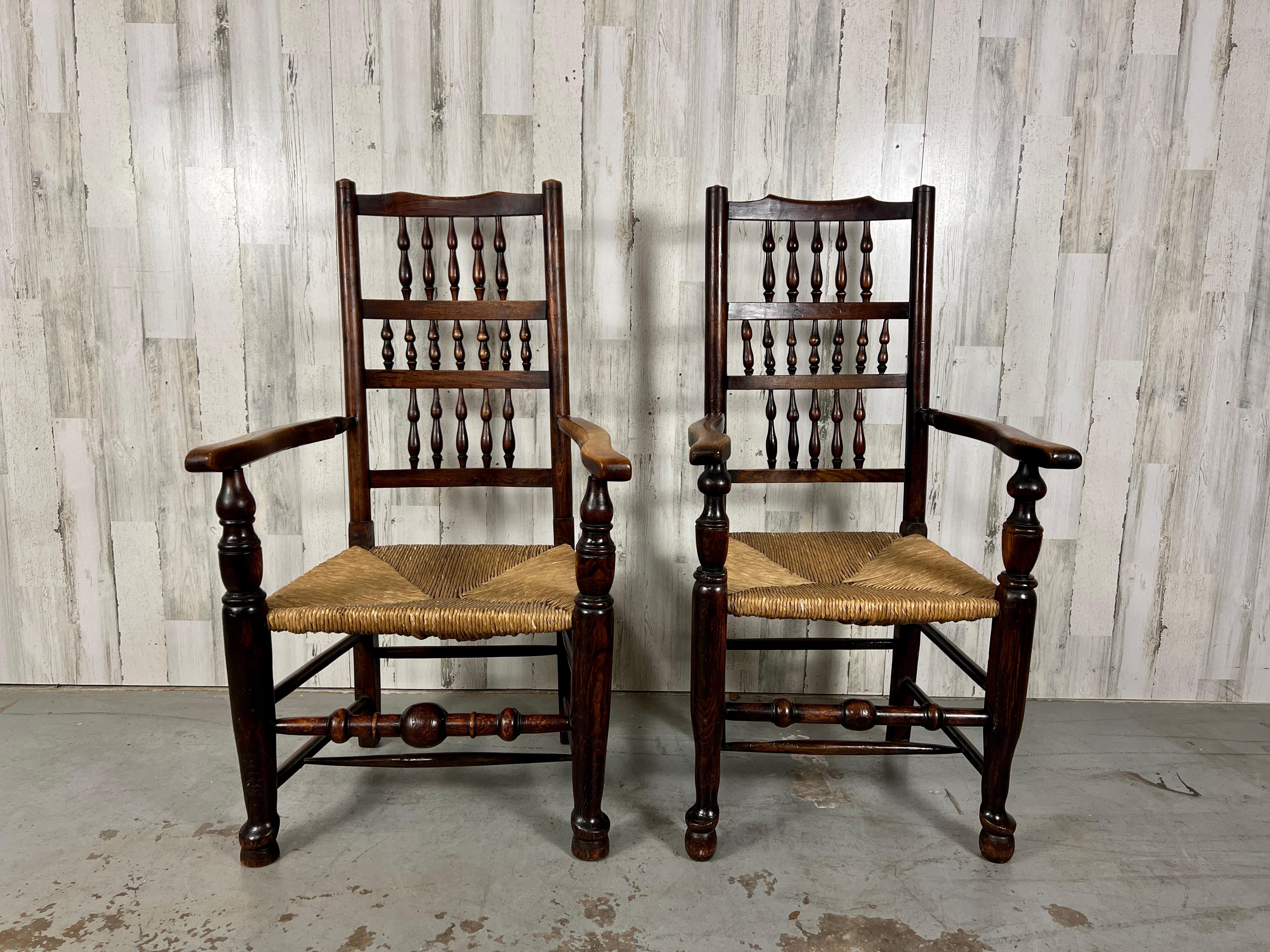 Hand-Woven Harlequin Antique Spindle Back Armchairs- A Pair  For Sale