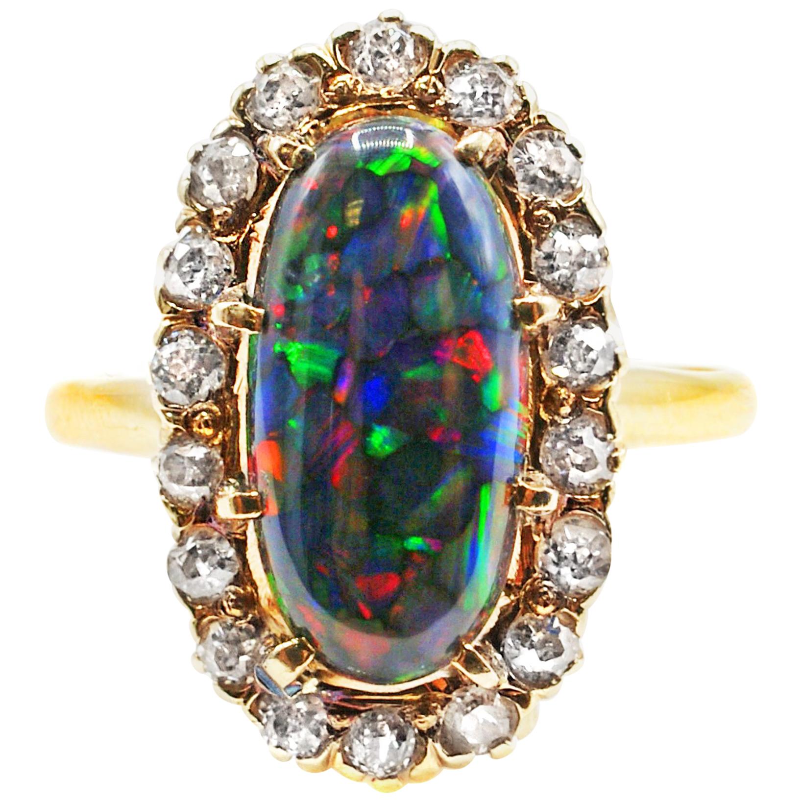 Harlequin Black Opal Victorian Diamond Gold Ring, circa 1880