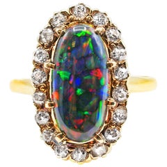 Harlekin Schwarzer Opal Viktorianischer Diamant Gold Ring:: um 1880