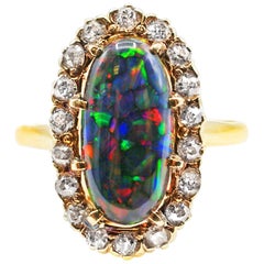 Harlequin Black Opal Victorian Diamond Gold Ring, circa 1880