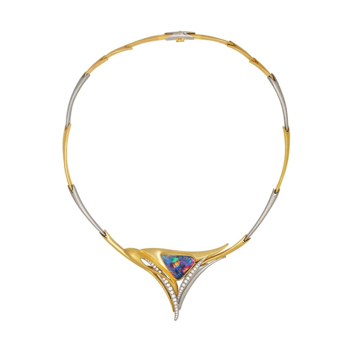 Women's Harlequin Boulder Opal, Diamond, 18K Gold & Platinum Necklace & Brooch