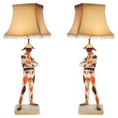 Antique Harlequin Figurative Lamp with Glass Beaded Shade By Marlboro