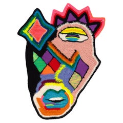 "Harlequin" Handcrafted Knit/Crochet, Multicolored Geometric Face, Wallhanging