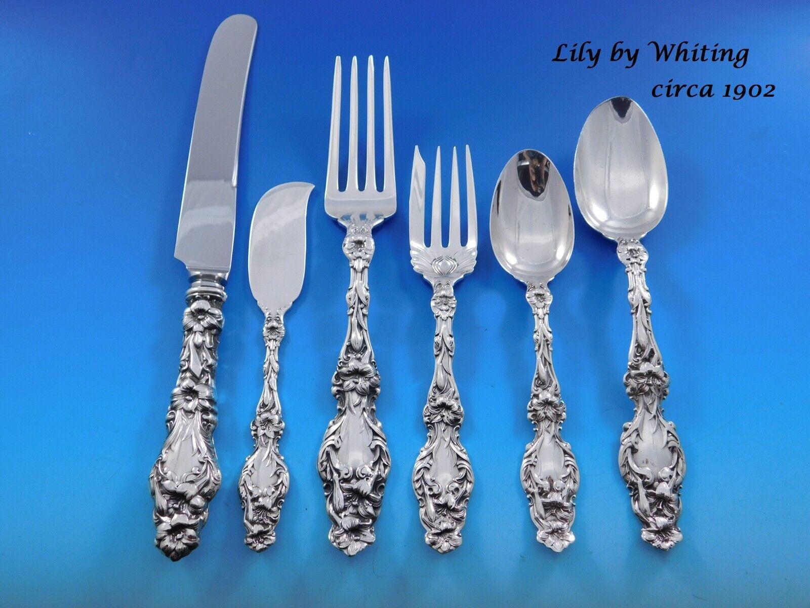 Unique Harlequin mixed pattern sterling silver flatware set, 60 pieces. This set is assembled of 6-piece settings from some of our favorite ornate floral, rococo, pierced handle, and figural American silver patterns. The harlequin set was a popular
