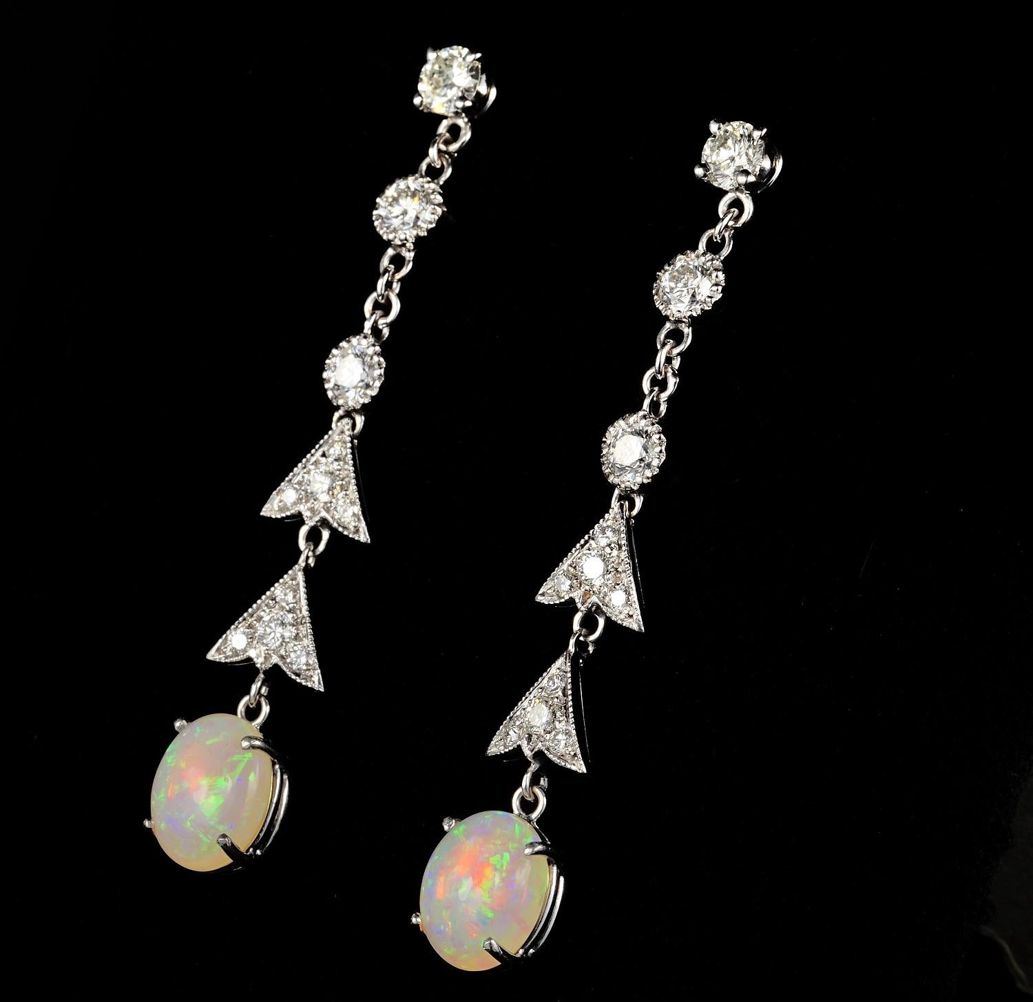 Harlequin Opal 1.90 Carat Diamond Vintage Drop Earrings 1