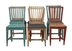 Harlequin set of 6 19th century painted pine dining chairs