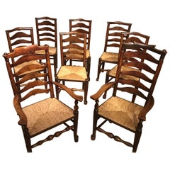 Antique Harlequin Set of 8 Early 19th Century Ash and Elm Ladder Back Dining Chairs