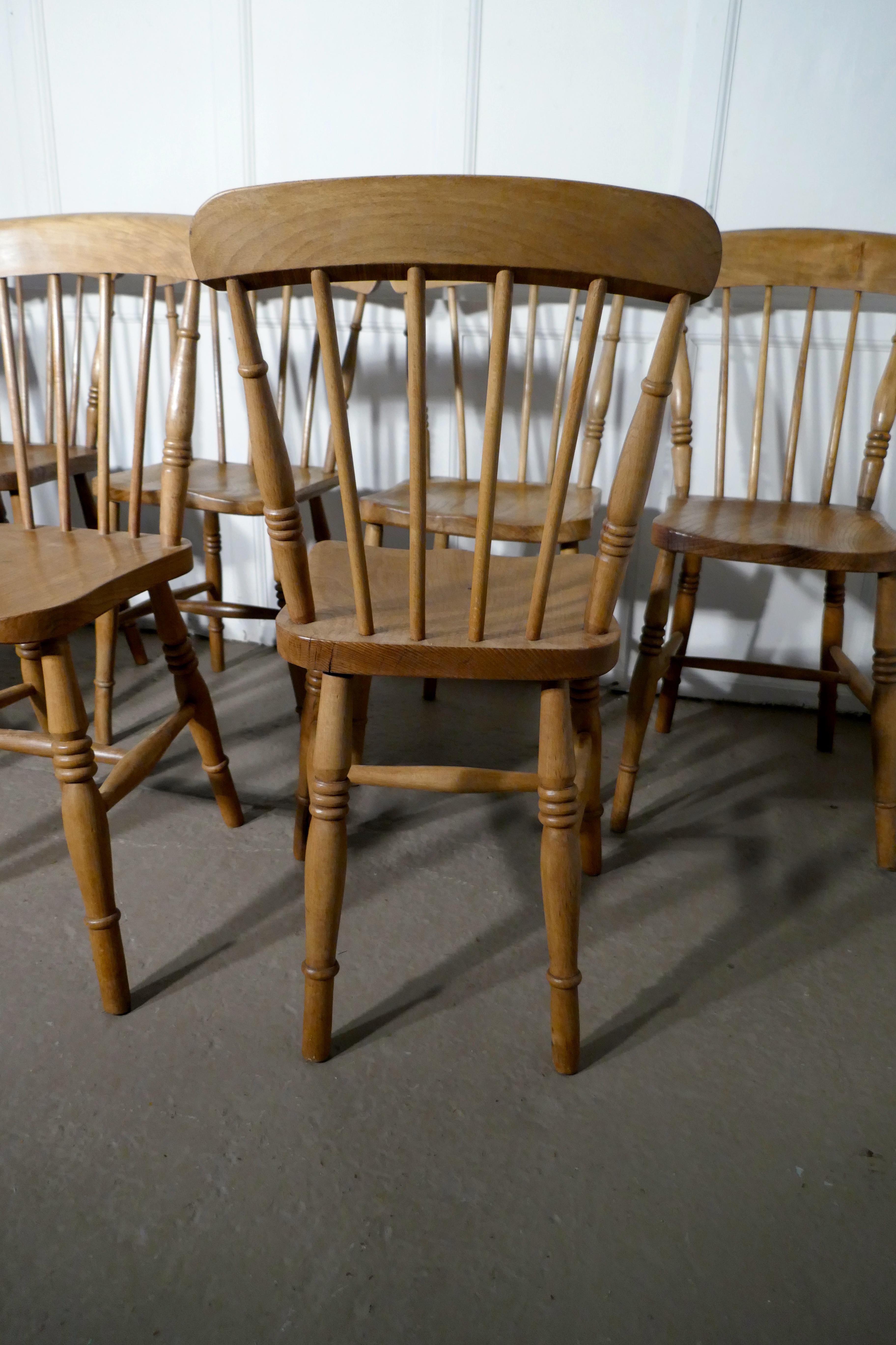Harlequin set of 8 Victorian beech and elm country kitchen chairs

The chairs date from the late 19th century, they are a classic spindle back design.

This is a good traditional set of chairs, with very slight differences in the turnings and