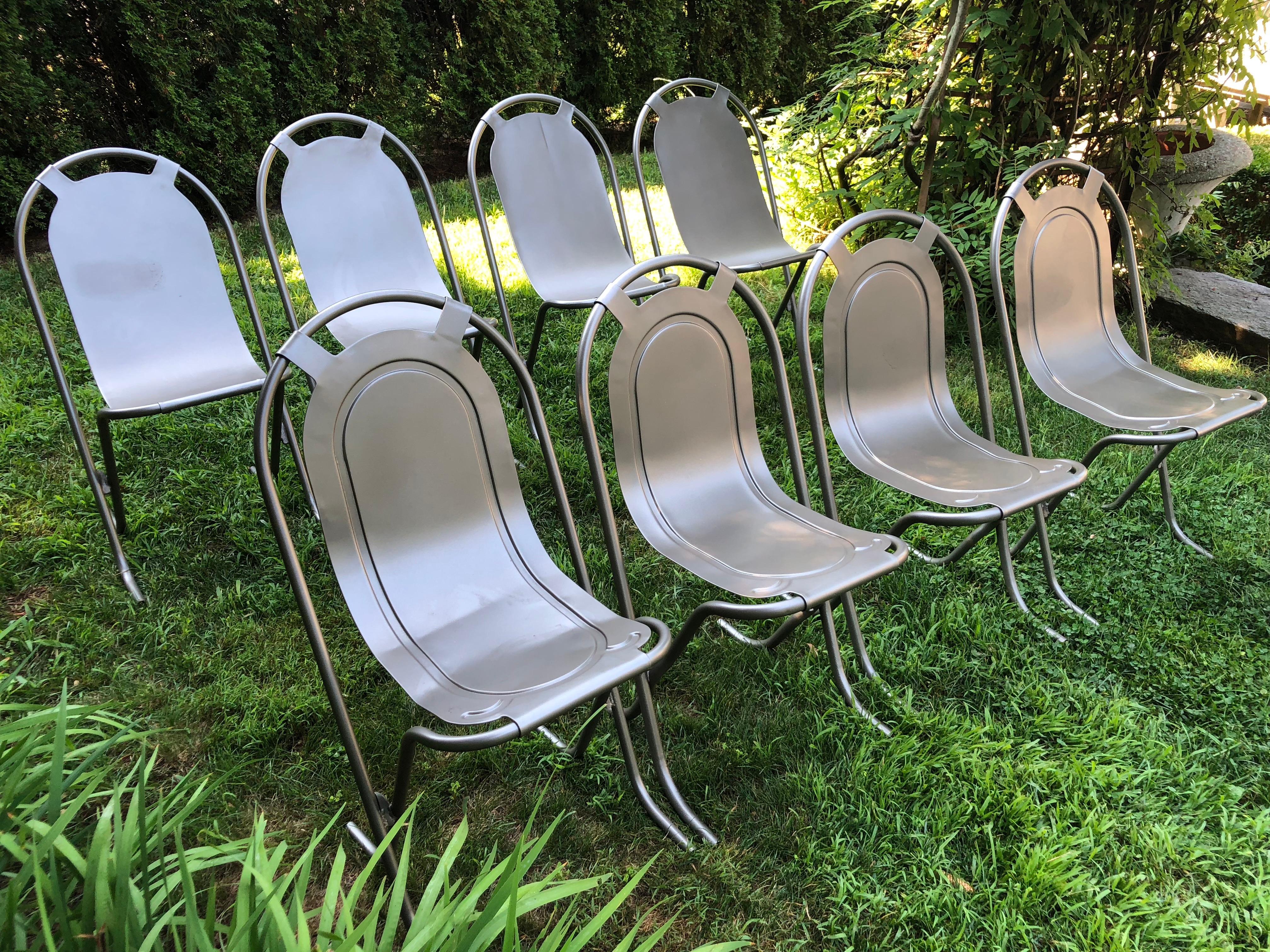 Mid-Century Modern Harlequin Set of Eight Steel Stak-A-Bye Chairs, Newly Powder-Coated