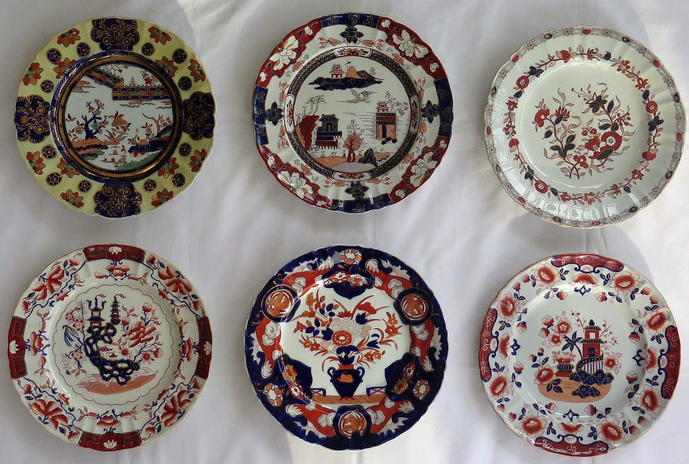 This is a harlequin set of six Mason's Ironstone, large dinner plates, all dating between the early to mid-19th century, between 1825-1865.

All the plates have a very similar shape profile and size with some slight variation in height and