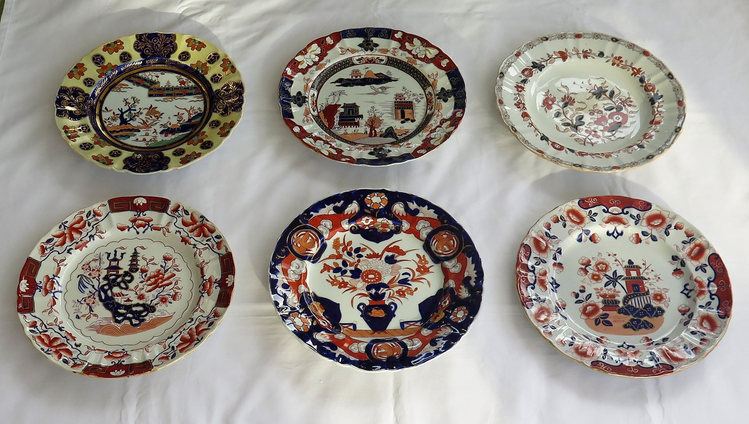 Chinoiserie 19th C. Harlequin Set of SIX Mason's Ironstone Large Dinner Plates, Circa 1840