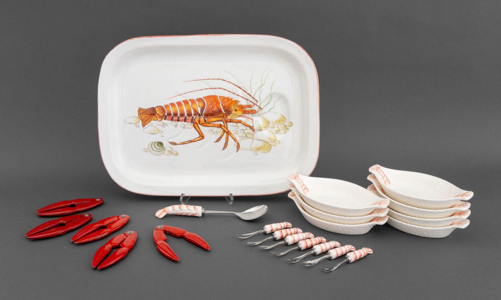 Assembled Harlequin Shellfish Service, comprising: 5 lobster crackers, 7 ceramic dishes marked 