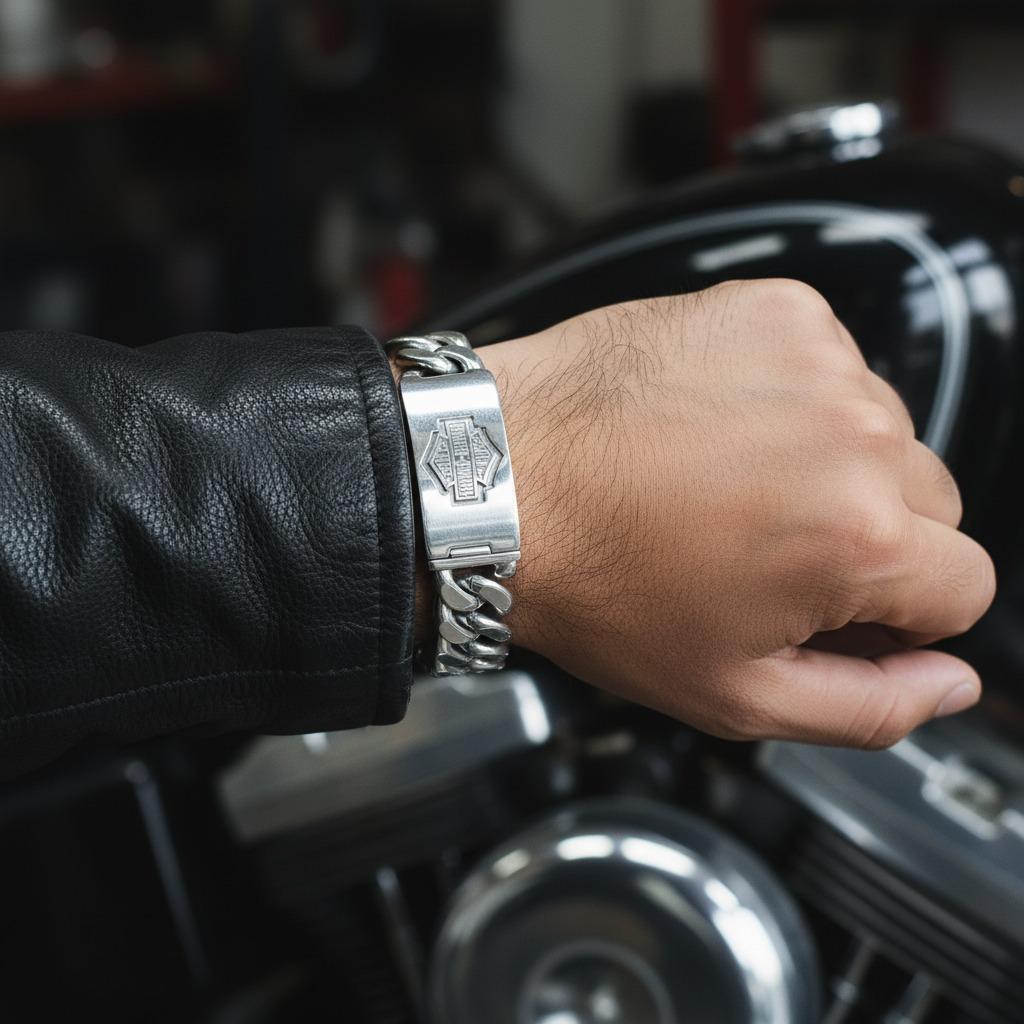 Harley-Davidson Large Curb Chain Logo Sterling Silver Bracelet For Sale