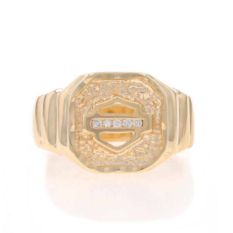 Size: 11 1/4
Sizing Fee: Up 3 sizes for $100 or Down 2 sizes for $60

Brand: Harley-Davidson
Designer: Stamper

Metal Content: 10k Yellow Gold

Stone Information

Natural Diamonds
Carat(s): .08ctw
Cut: Round Brilliant
Color: G - H
Clarity: SI1 -