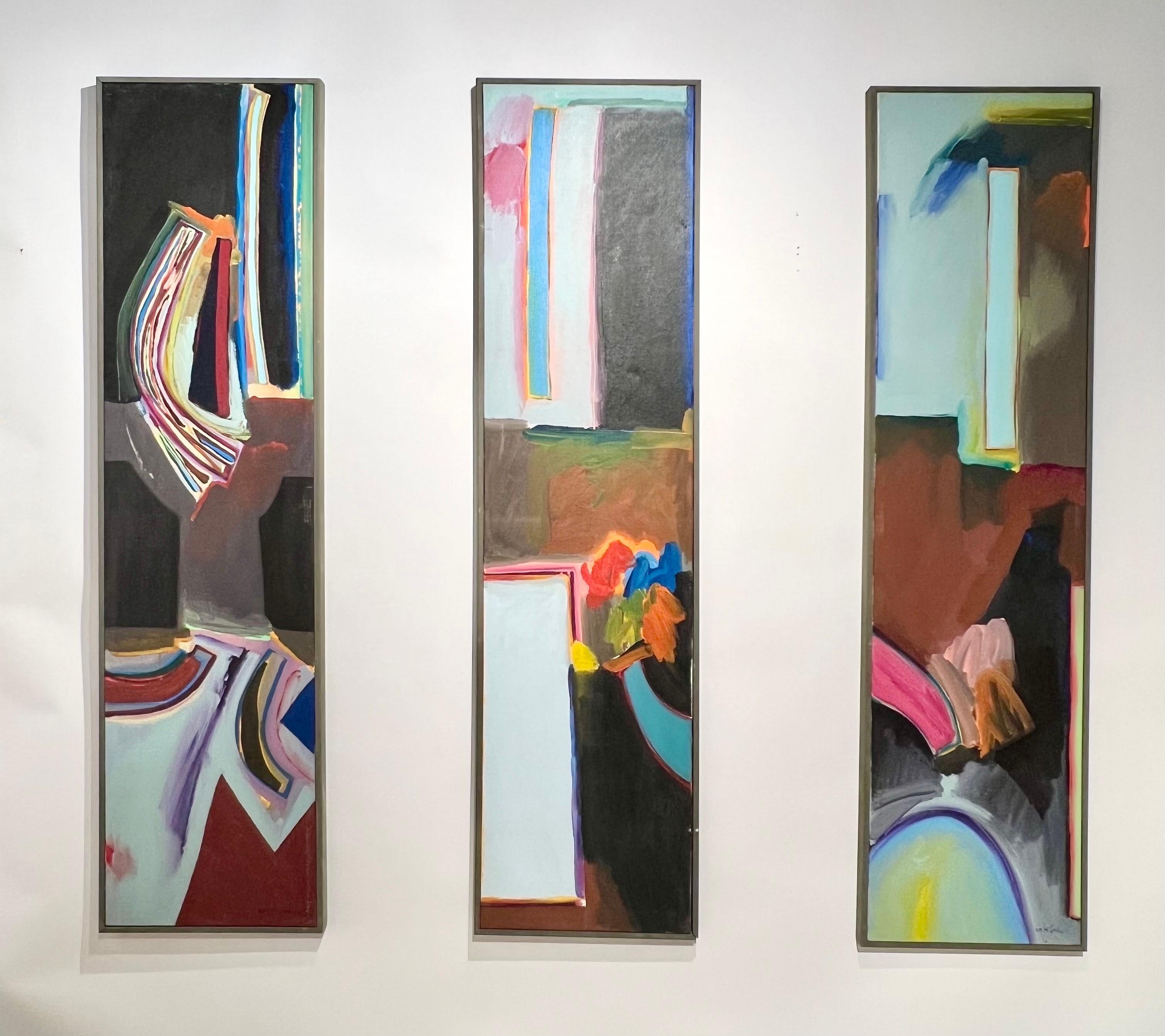 Incredible triptych abstract oil on canvas by American artist, Harley Francis c1979. These can be arranged in any order, all three pieces are signed. 

Francis (1940-2017) was an incredibly prolific artist, painter, set designer, and ceramicist.
