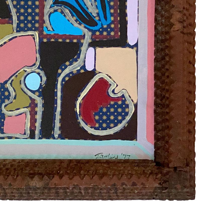 Lovely petite painting and mixed media artwork by Harley Francis. Signed and dated bottom right. Presented in a vintage tramp art frame. Beautiful addition to your gallery wall.

Harley Francis (1940 to 2017) was a passionate and prolific creator