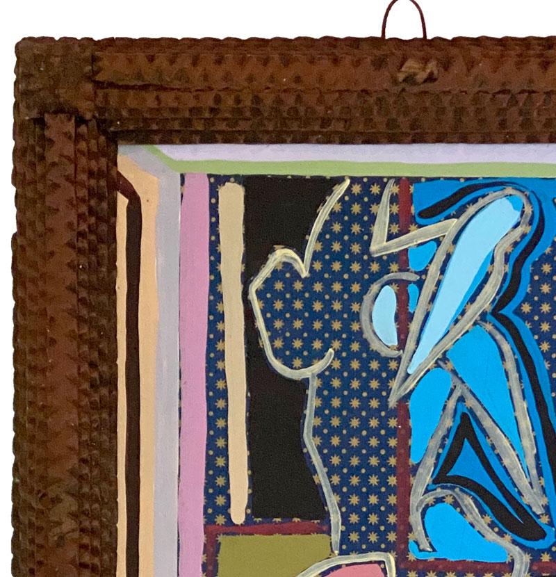 1977 Mixed Media Artwork in Vintage Tramp Art Frame by Artist Harley Francis 1