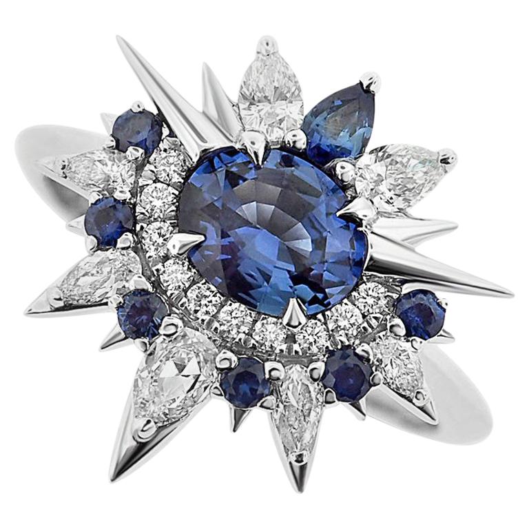 Harlin Jones 18 Karat White Gold Blue Sapphire and Diamond Ring For Sale