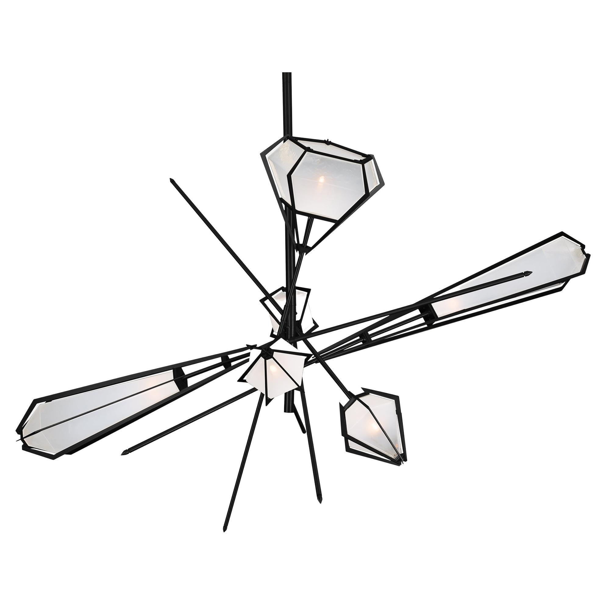 Harlow Large Chandelier in Blackened Steel & Alabaster White Glass For Sale