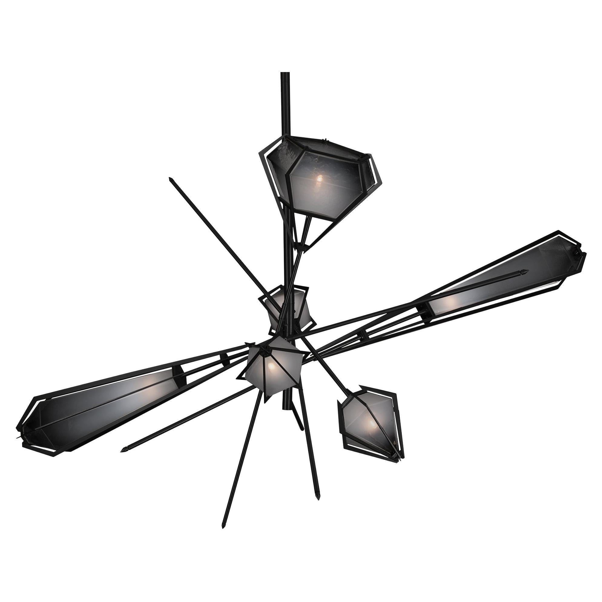 Harlow Large Chandelier in Blackened Steel & Smoked Gray Glass For Sale