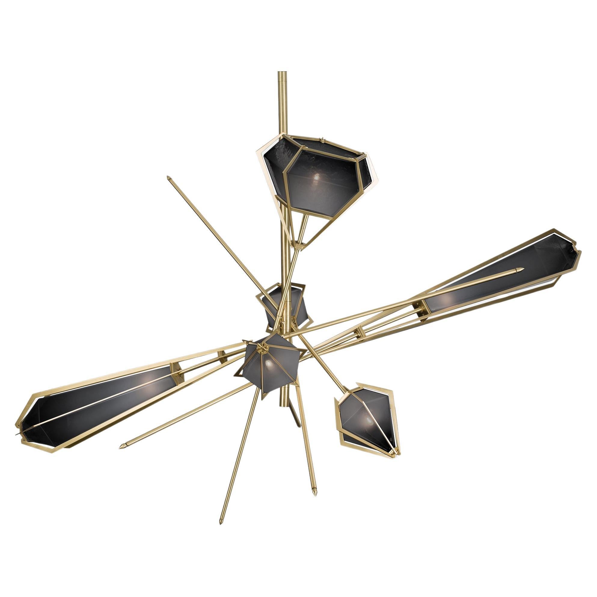 Harlow Large Chandelier in Satin Brass & Smoked Gray Glass For Sale