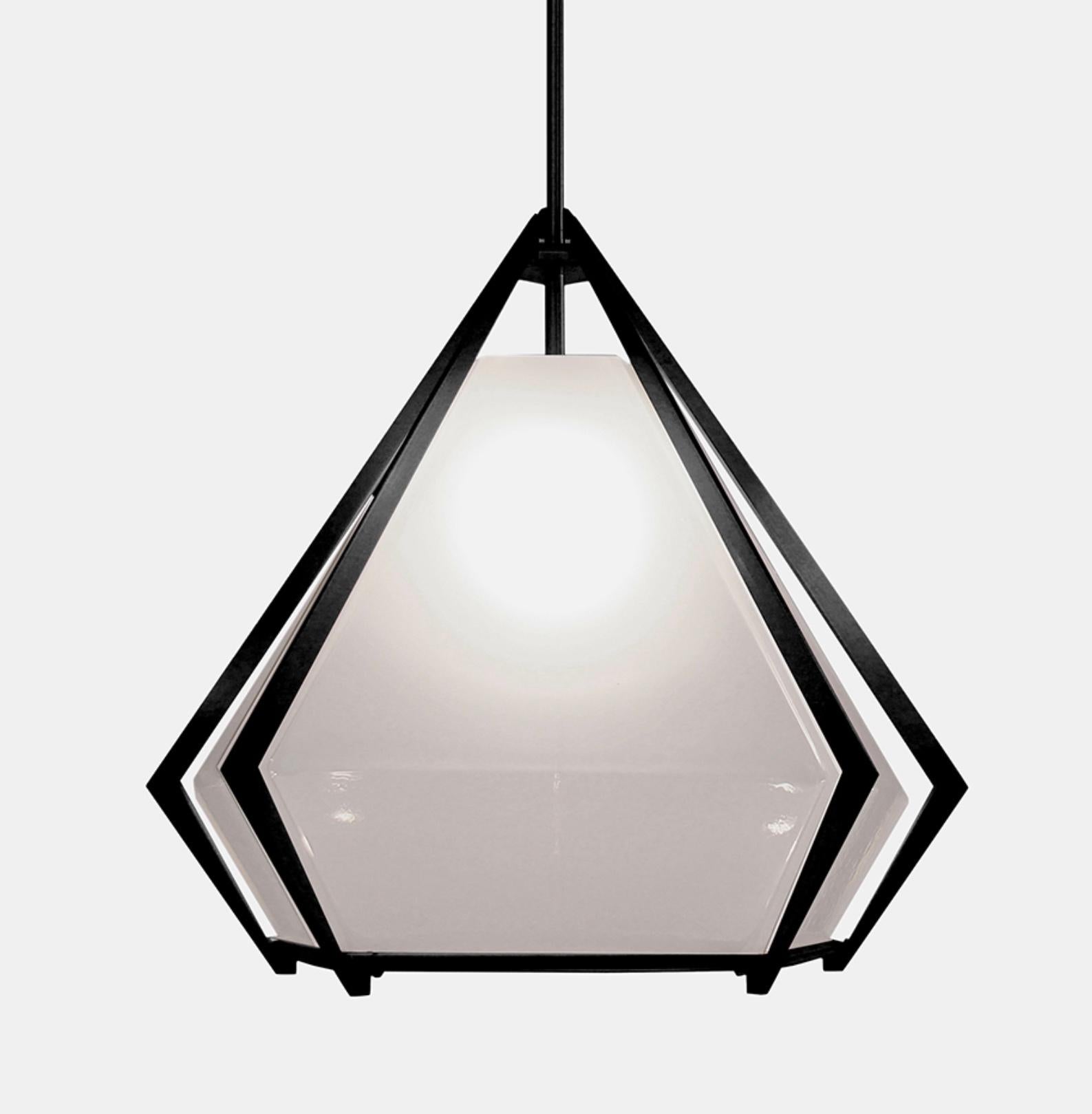 Canadian Harlow Large Pendant in Blackened Steel & Alabaster White Glass For Sale