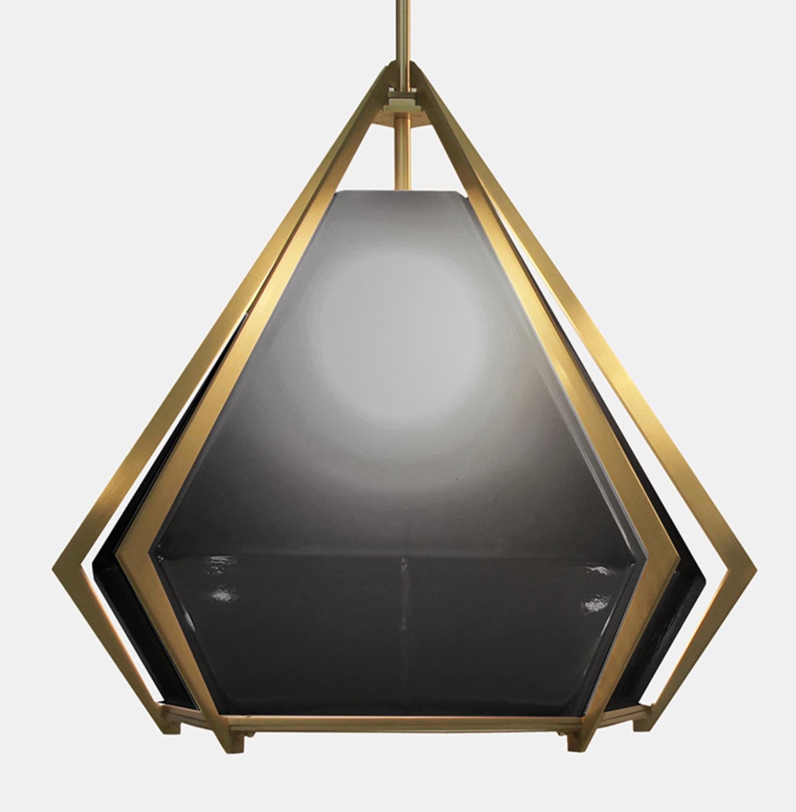 Canadian Harlow Large Pendant in Satin Brass & Smoked Gray Glass For Sale