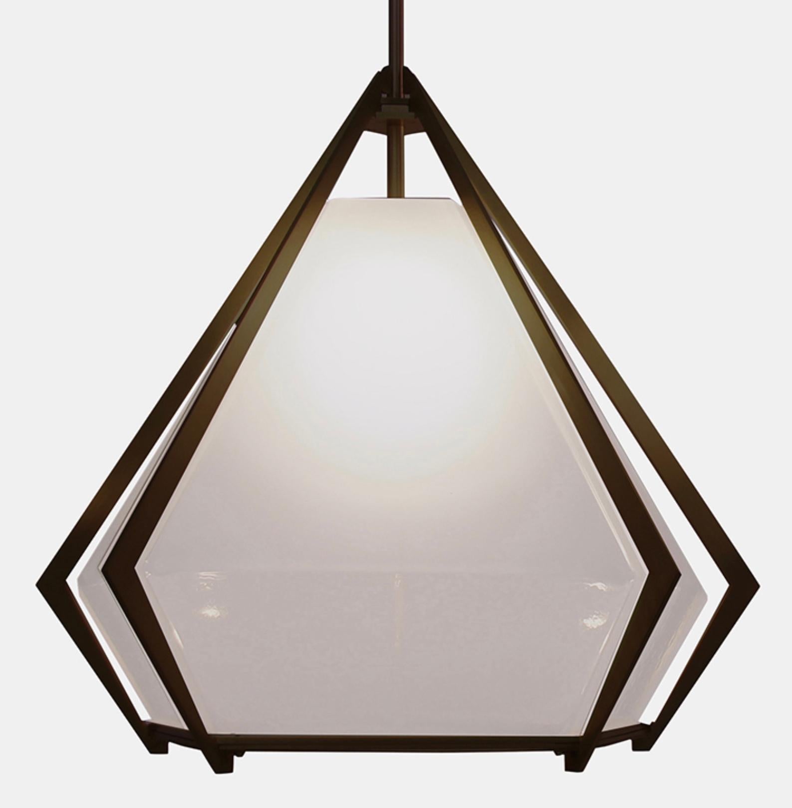 Canadian Harlow Large Pendant in Satin Bronze & Alabaster White Glass For Sale