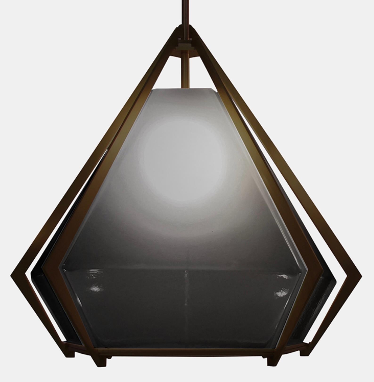 Canadian Harlow Large Pendant in Satin Bronze & Smoked Gray Glass For Sale