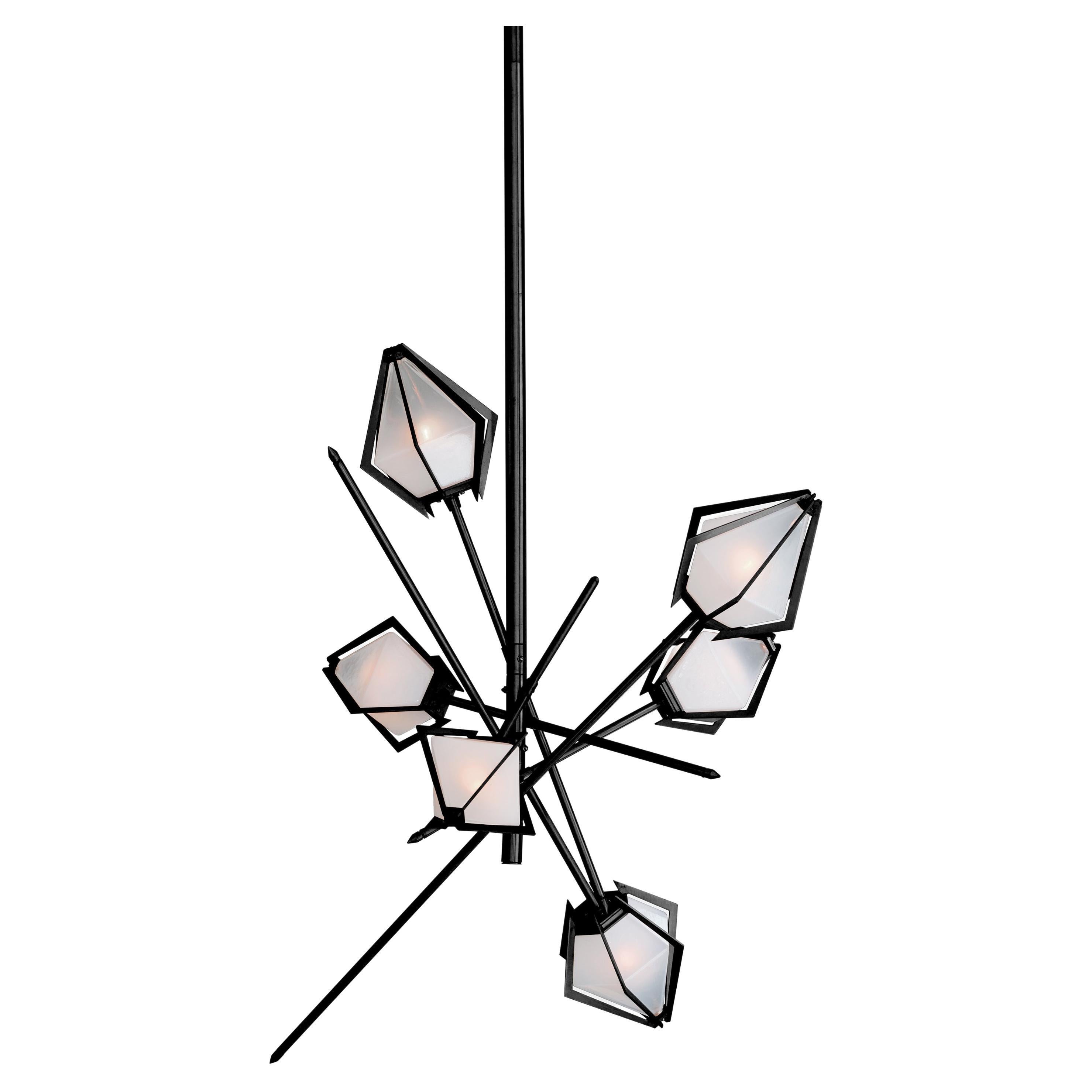 Harlow Small Chandelier in Blackened Steel & Alabaster White Glass For Sale