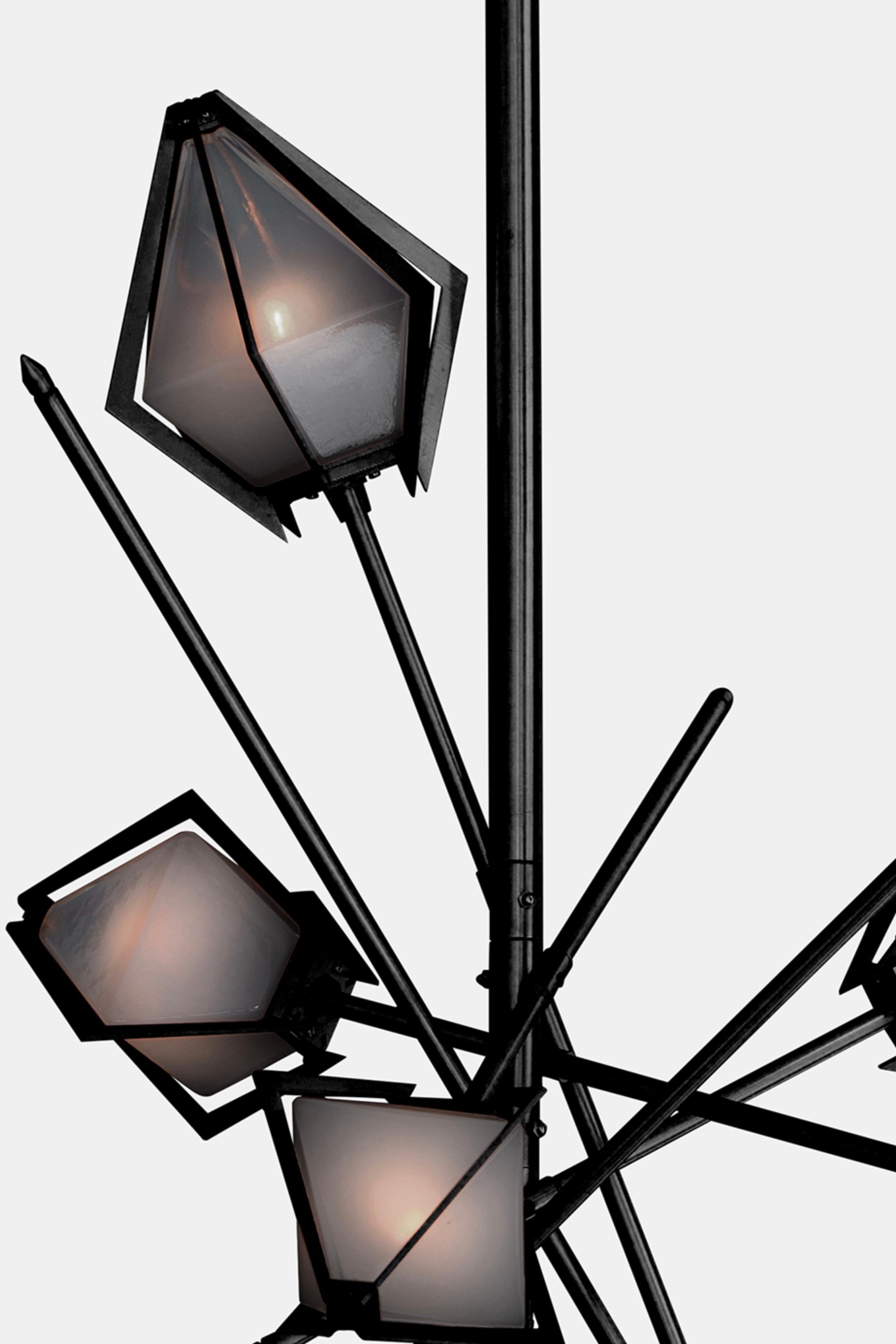 Canadian Harlow Small Chandelier in Blackened Steel & Smoked Gray Glass For Sale