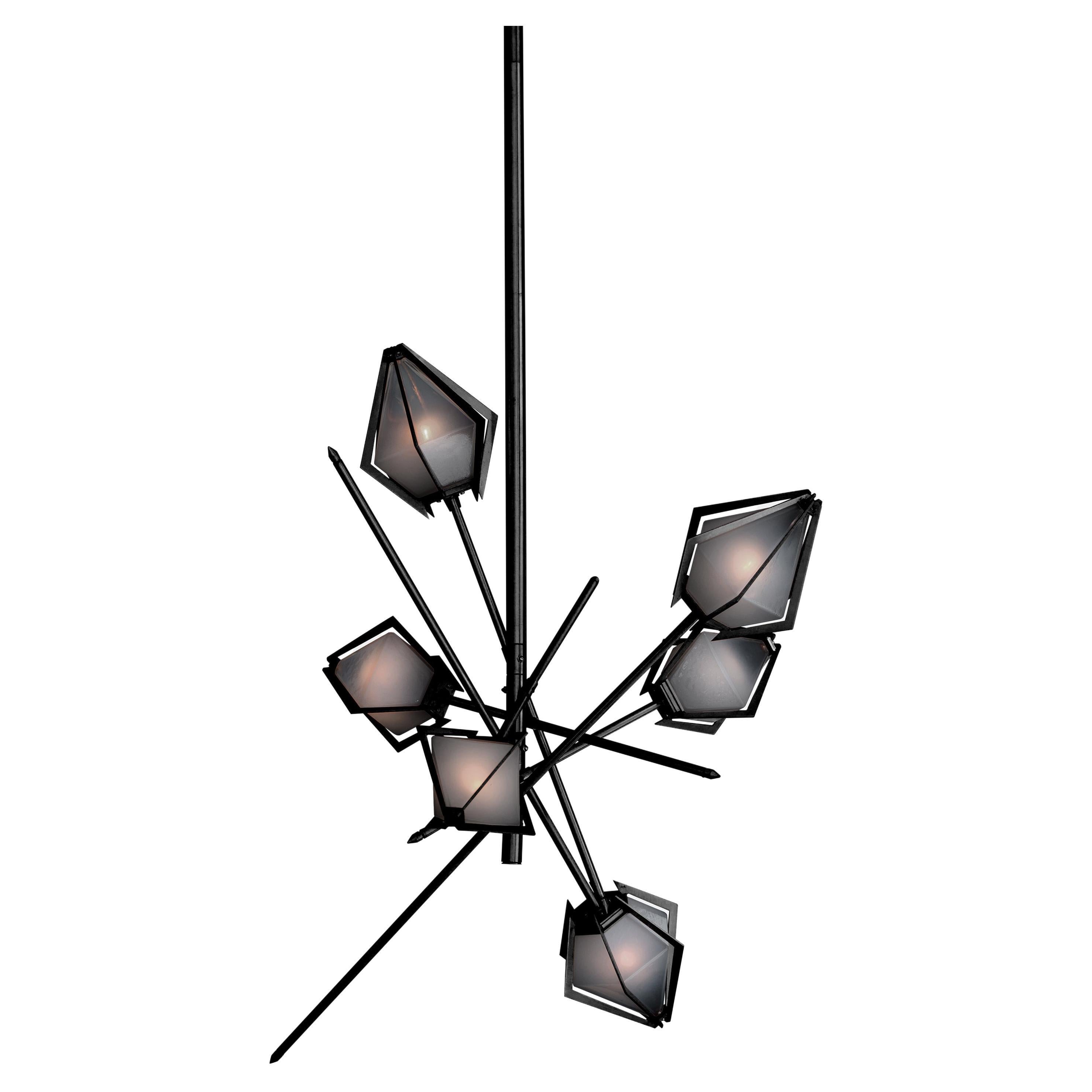 Harlow Small Chandelier in Blackened Steel & Smoked Gray Glass For Sale