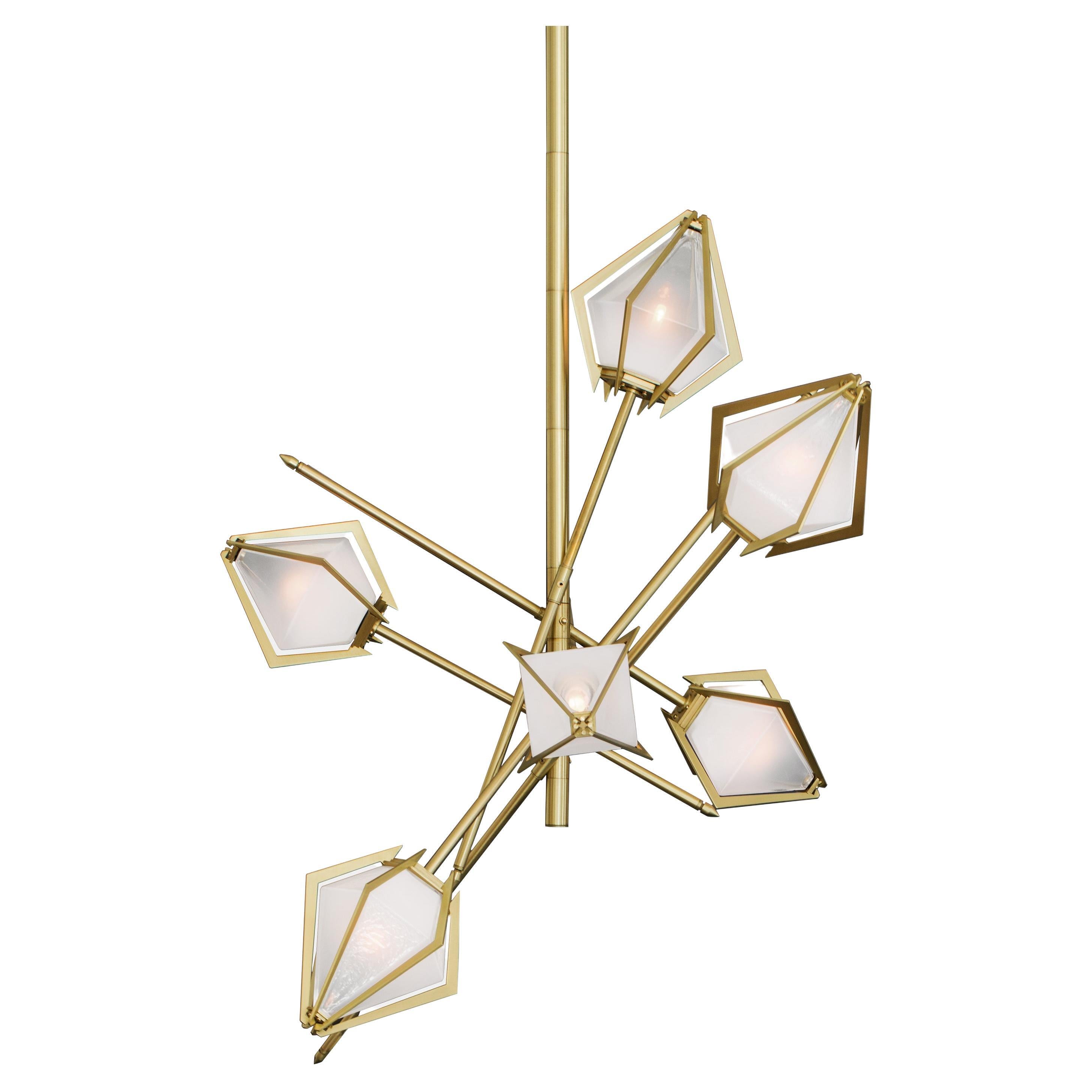 Harlow Small Chandelier in Satin Brass & Alabaster White Glass For Sale