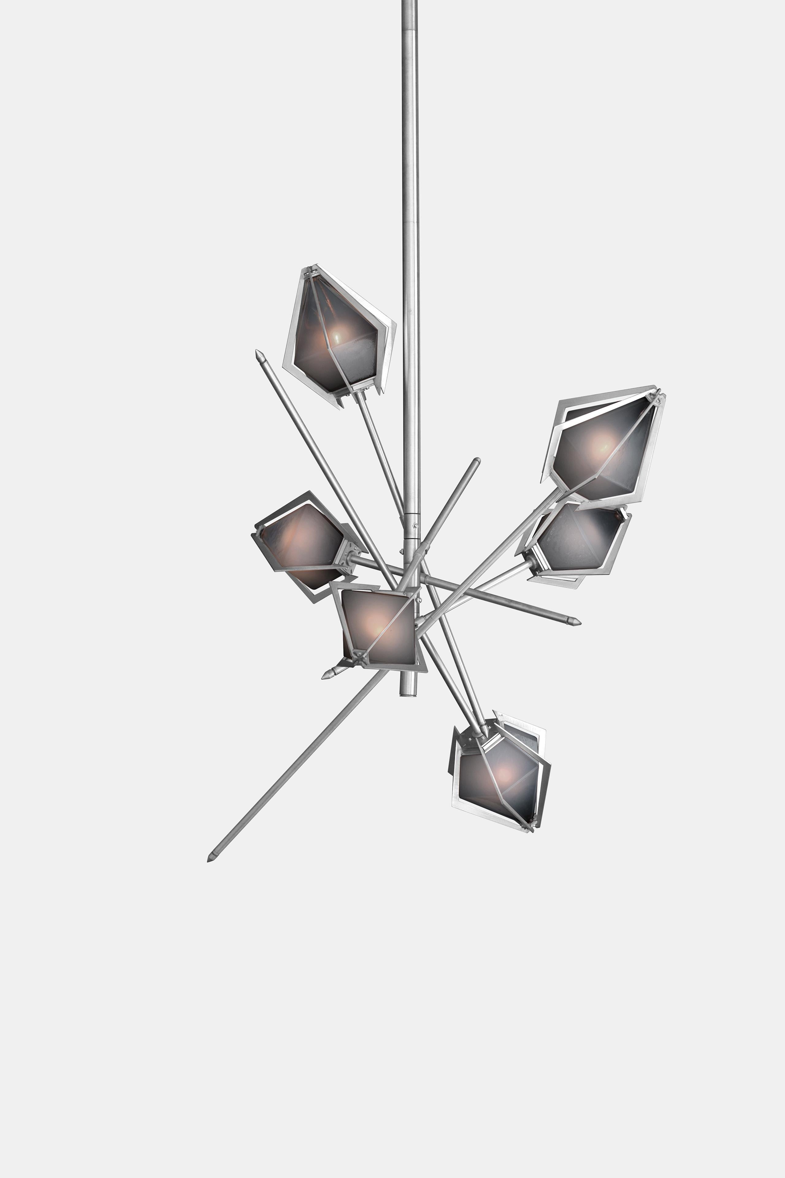 Harlow Small Chandelier in Satin Nickel & Smoked Gray Glass For Sale