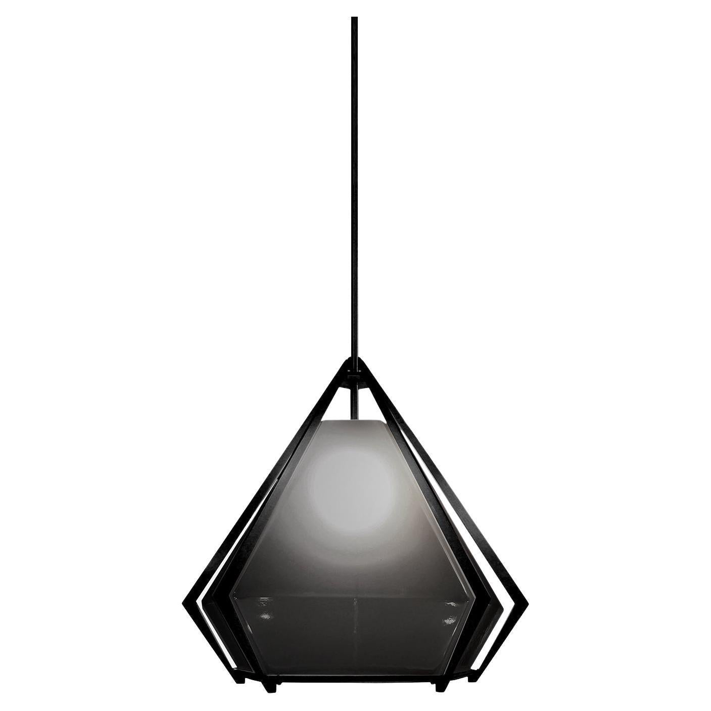 Harlow Small Pendant in Blackened Steel & Smoked Gray Glass For Sale