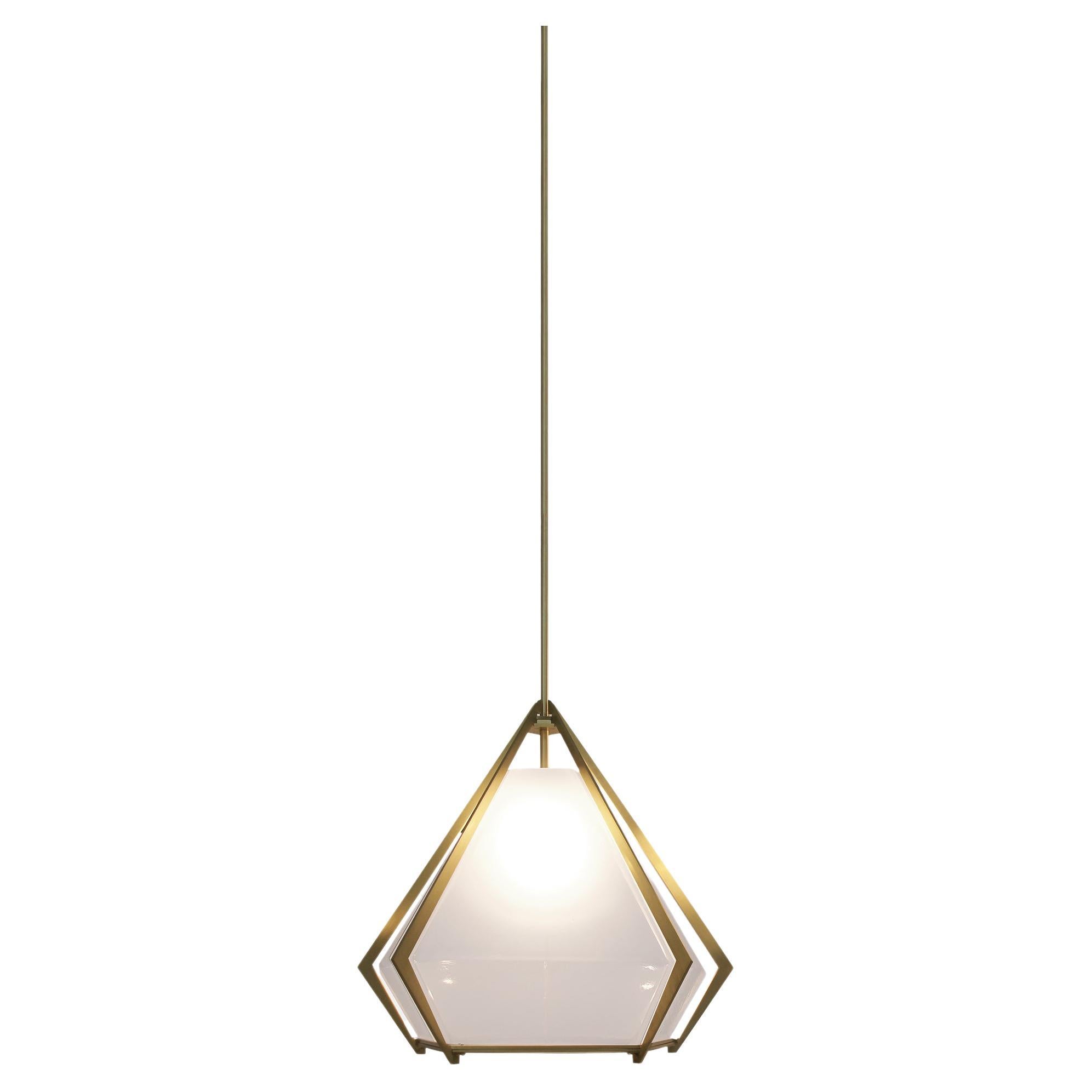 Harlow Small Pendant in Satin Brass & Alabaster White Glass For Sale