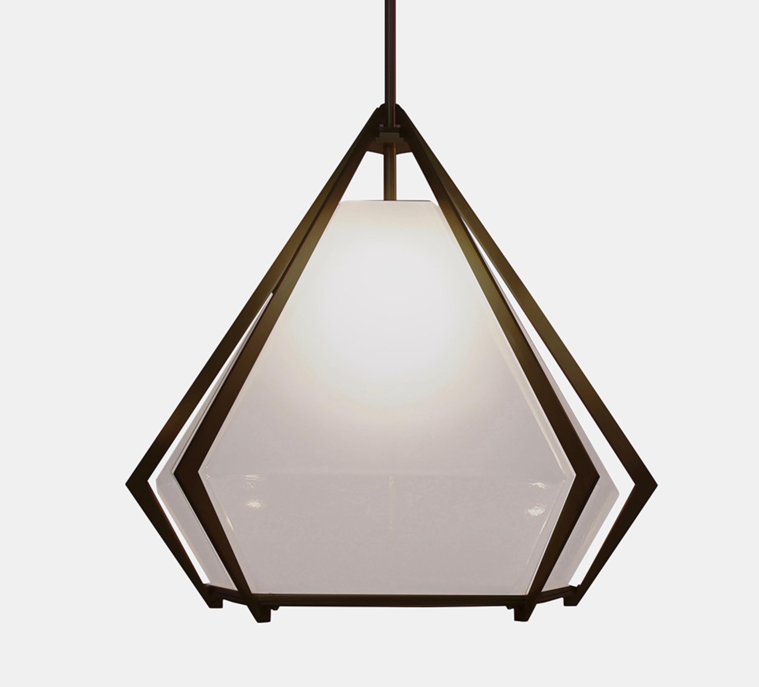 Canadian Harlow Small Pendant in Satin Bronze & Alabaster White Glass For Sale